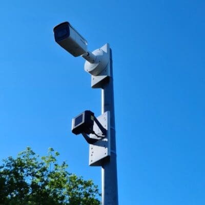 A perimeter solar farm security camera and IR illuminator offering advanced site protection and threat detection.